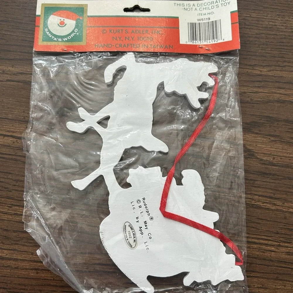 Vintage Kurt Adler Wood Christmas Ornament Rudolph Sleigh Toys NOS Santa's World